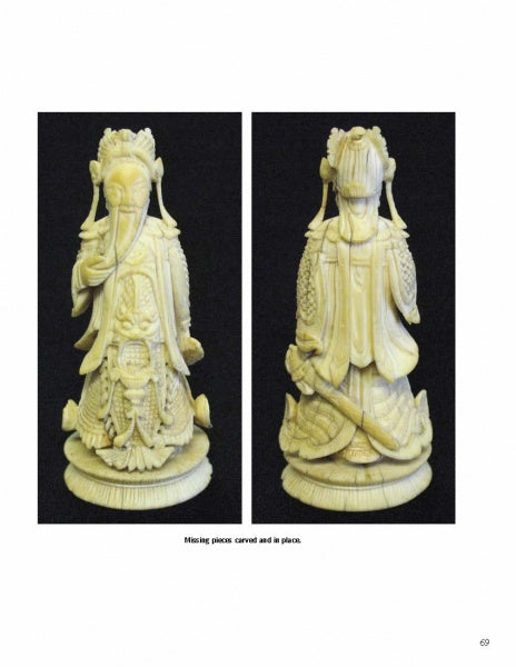 Front and back views from "Advanced Scrimshaw Techniques" by Schiffer Publishing, Ltd.: an intricately carved ivory figurine of a robed, armored figure on a round base with staff. Caption: “Missing pieces carved and in place.”.