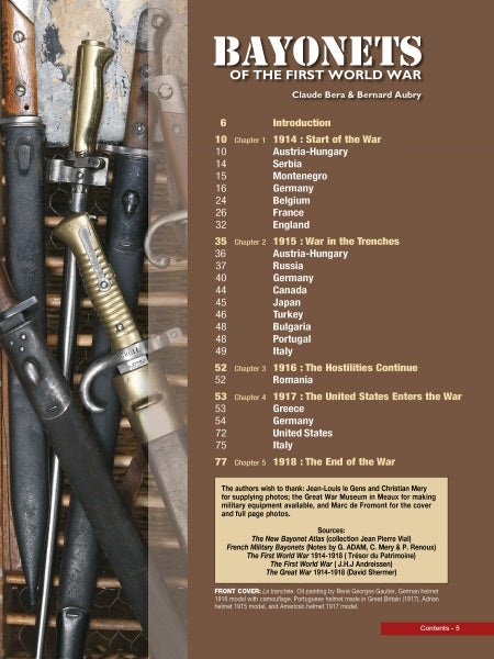 A display of assorted World War I bayonets on wood appears next to the title "Bayonets of the First World War" by Schiffer Publishing, Ltd., with a contents page featuring chapters on countries, war eras, and bayonet identification.