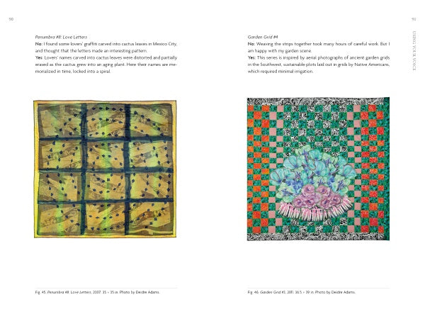 Two pages from Schiffer Publishing, Ltd.'s "Exploring Your Artistic Voice in Contemporary Quilt Art" show abstract art: the left in green-yellow lines and spots, the right a colorful quilt-inspired square blending floral and geometric designs.