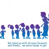 A teacher gestures as seven children line up, all facing forward. Text reads: We lined up with eyes ahead—ready to go on our nature walk in Are You Sure that Was a Rabbit? from Schiffer Publishing, Ltd.