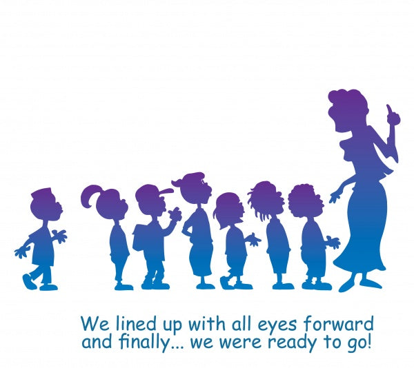 A teacher gestures as seven children line up, all facing forward. Text reads: We lined up with eyes ahead—ready to go on our nature walk in Are You Sure that Was a Rabbit? from Schiffer Publishing, Ltd.