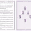 Two pages from The Byzantine Tarot by Schiffer Publishing, Ltd.: the left explains card positions and meanings; the right shows a cross-shaped layout of five labeled tarot cards, reflecting the mystique of the Byzantine Empire.