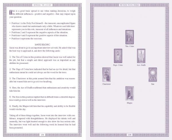 Two pages from The Byzantine Tarot by Schiffer Publishing, Ltd.: the left explains card positions and meanings; the right shows a cross-shaped layout of five labeled tarot cards, reflecting the mystique of the Byzantine Empire.