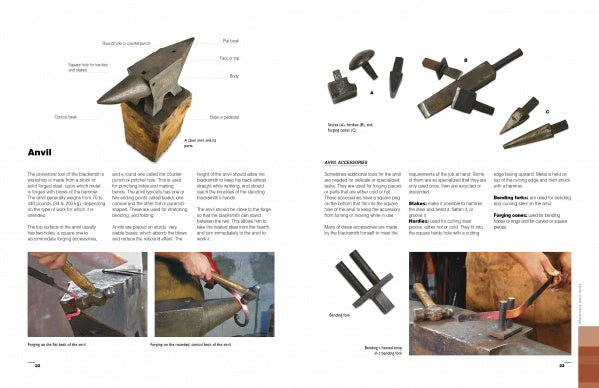 A book spread from "Blacksmithing Techniques" by Schiffer Publishing, Ltd., features labeled diagrams of anvils and tools, plus step-by-step photos illustrating metal forging and traditional blacksmith methods for metalwork projects.