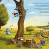 A whimsical meadow scene from "The Grumbletroll" by Schiffer Publishing, Ltd. shows the Grumbletroll and friends sharing adventures in a treehouse, with a cozy house and stream nearby—ideal for children's anger management picture books; text floats in the sky.