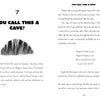 A page from "Samantha Hansen Has Rocks in Her Head" by Schiffer Publishing, Ltd. shows the chapter "You Call This a Cave?" with a cave sketch, describing prep for a fourth-grade trip to Slippery Stone Cave and dialogue about permission slips and birthdays.