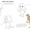 More Creatures and Characters by Schiffer Publishing, Ltd. is a step-by-step art guide for kids, featuring instructions to draw funny animal cartoon characters like a bird, cat, and a colored mouse in a yellow vest and red bow tie.