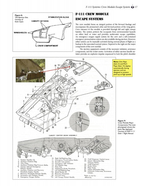 A technical diagram from "One-Eleven Down" by Schiffer Publishing, Ltd. shows the F-111 crew module escape system with labeled parts, explanatory text, and photos of the escape canopy and module in use during F-111 operations.