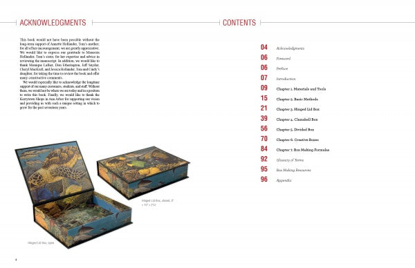 On the left is an open decorative box made with book board, featuring sea turtle and fish designs. On the right, Schiffer Publishing's "Constructing and Covering Boxes" displays a contents page with chapters in red and black text.