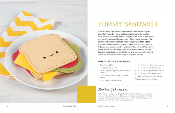 A plate with smiling felt sandwich pieces sits on a white surface beside a yellow-and-white chevron napkin. Featured in "Sewing Simple Softies with 17 Amazing Designers" by Schiffer Publishing, Ltd., perfect for hand-sewn projects. Instructions shown right.