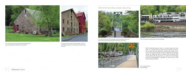 A two-page spread from "Delaware River Reflections" by Schiffer Publishing, Ltd. features photos of historic stone buildings, a red mill, and a suspension bridge along the Delaware River, with text describing these East Coast water source sites and their history.