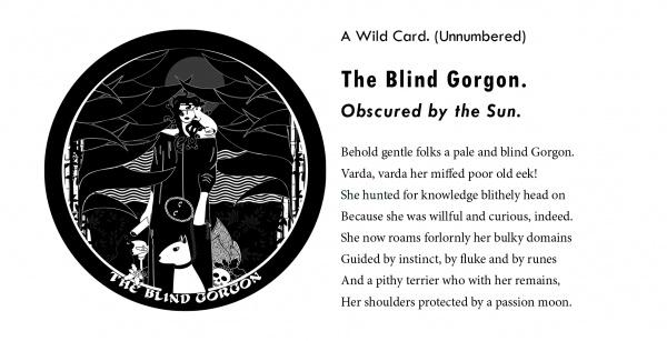 A black-and-white illustration from The Gorgon's Tarot by Schiffer Publishing, Ltd. depicts a blindfolded woman with snakes for hair in a dark, eerie scene of webs, bats, and skulls—symbolizing the Blind Gorgon's solitary journey.