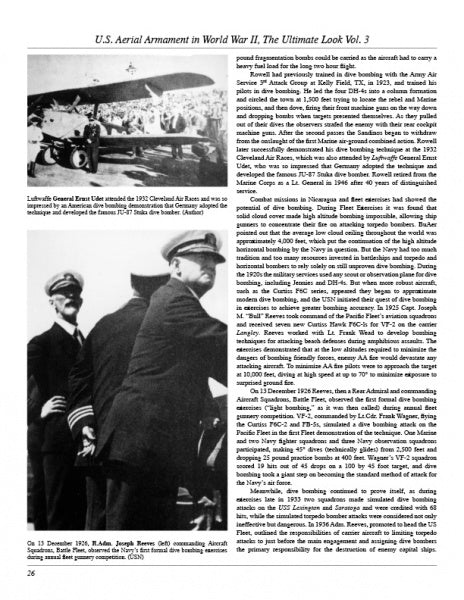 A page from Schiffer Publishing, Ltd.'s "U.S. Aerial Armament in World War II - The Ultimate Look" shows two black-and-white photos of military officers by aircraft, plus William Wolf's text on early guided missiles and U.S. aerial armament.