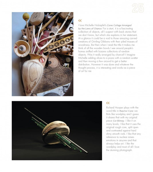 A magazine page with two images showcases "Robin Wood's CORES Recycled" by Schiffer Publishing, Ltd.: the top shows a vase with brushes, the bottom a wooden orb with glass rods, both with artist commentary and text descriptions.