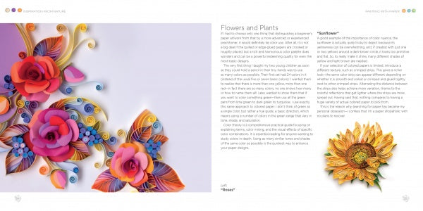 The book "Painting with Paper" by Schiffer Publishing, Ltd. shows vibrant quilling flowers on one page and a detailed sunflower on the other, with text about floral quilling art, all set against a bright, minimal background highlighting paper techniques.