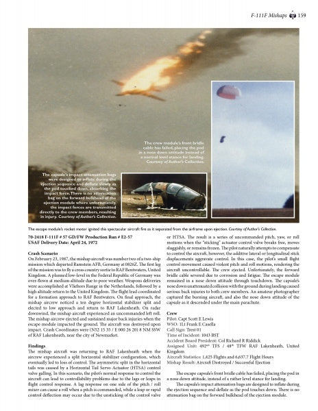 Three photos show a fire streak in the sky, a parachute over fields, and a damaged aircraft. "One-Eleven Down" by Schiffer Publishing, Ltd. details an F-111F tactical fighter mishap and crash summary.
