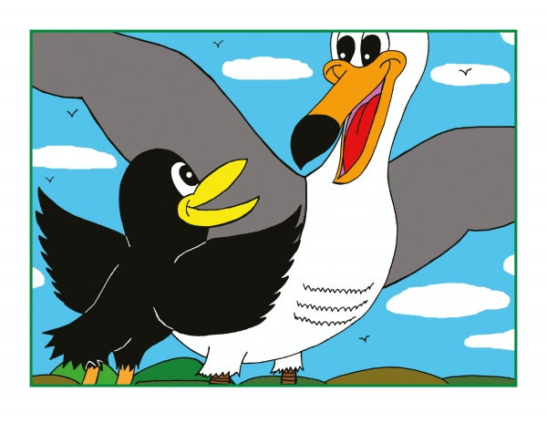 A cartoon of a happy black bird and a large smiling white bird with an orange beak under a blue sky, from "Ronnie Raven Recycles" by Schiffer Publishing, Ltd. Ideal for children ages 5-8, with distant birds and clouds above.