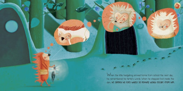 In "The Hedgehog Who Didn't Want to Prickle" by Schiffer Publishing, Ltd., a hedgehog and a mouse walk together as thought bubbles of a fox, hedgehog family, and lion appear—teaching emotional intelligence to children. Text at bottom right.