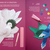 “Paper Joy for Every Room” by Schiffer Publishing, Ltd. offers a step-by-step guide on pink paper for making paper birds, with sketches, templates, tools (pencils, scissors, glue), colored paper, and finished parrot and cockatoo—ideal for DIY decor projects.