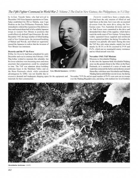 A page from "The 5th Fighter Command in World War II Vol. 2" by Schiffer Publishing, Ltd. shows Gen. Hitoshi Imamura's portrait, text on WWII aviation, and an aerial photo of a bombed area with a winding road.