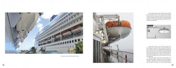 A Cruise Ship Primer by Schiffer Publishing, Ltd. features images of a cruise ship at port with orange and white lifeboats along its side, plus close-ups of lifeboats and detailed safety diagrams for an inside look at ship design.