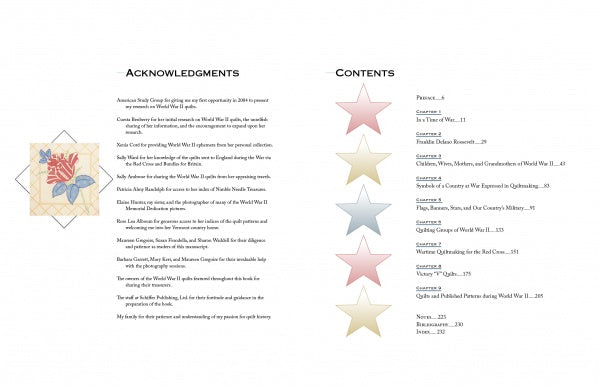 A two-page spread from "World War II Quilts, 2nd Edition" by Schiffer Publishing, Ltd.: the left shows a floral quilt and acknowledgments; the right displays contents—American quilt history, patriotic quilts—with colorful star icons and page numbers.