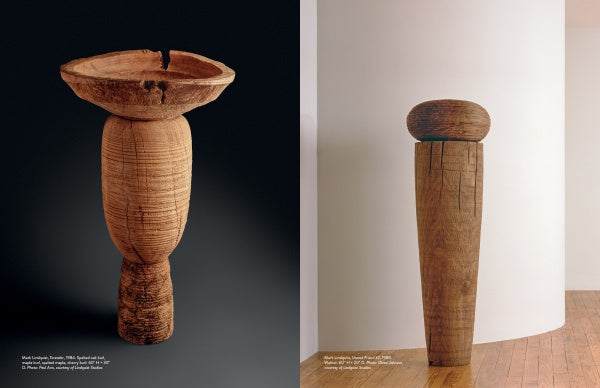 The Lindquist Legacy by Schiffer Publishing, Ltd. celebrates two wooden sculptures: one with a bowl-shaped top on a carved base, and another with a rounded cap on a tall textured cylinder, both highlighting exquisite woodworking.
