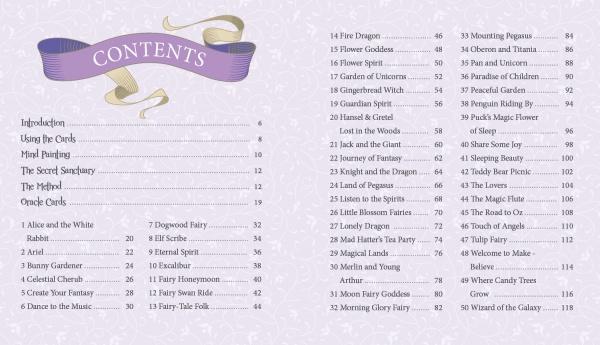 Table of contents for the Inspirational Visions Oracle Cards by Schiffer Publishing, Ltd., with section and story titles next to page numbers on a light purple background, a decorative ribbon, and "CONTENTS" at the top.