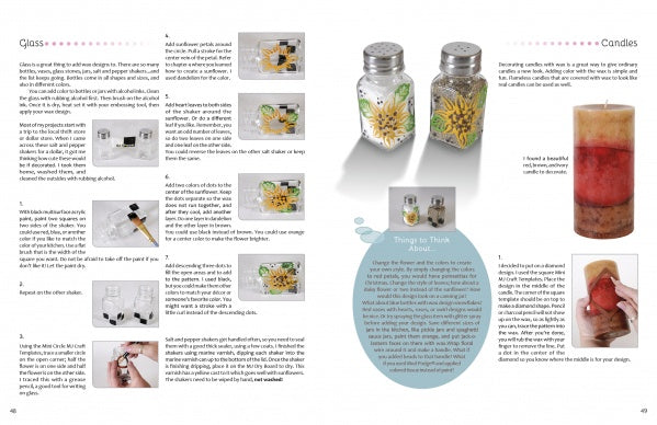Discover Wax on Crafts by Schiffer Publishing, Ltd.—a step-by-step guide to decorating glass with crayon wax, featuring photo instructions for salt and pepper shakers, a decorative candle, and hands layering wax in a candle.