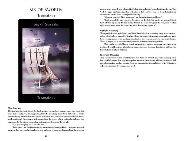 A book spread from Pagan Ways Tarot by Schiffer Publishing, Ltd. features the Six of Swords: figures ride in a boat with swords, with upright and reversed meanings, plus a transition story, all on a clean white background.