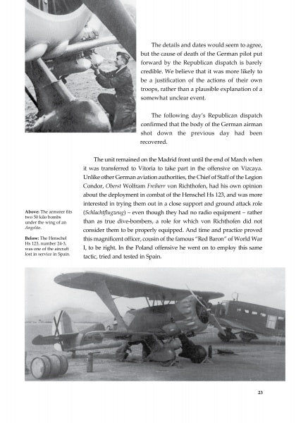 A black and white page from "Stukas Over Spain" by Schiffer Publishing, Ltd. shows a biplane's wing and undercarriage, with text on Legion Condor air units and a caption about armor fitted under the wing during the Spanish Civil War.