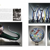 A Schiffer Publishing, Ltd. art catalog spread features Glass Art, showcasing contemporary pieces like a large abstract flower, wave-like sculptures with orbs, two patterned round vases, plus an artist photo and biography.