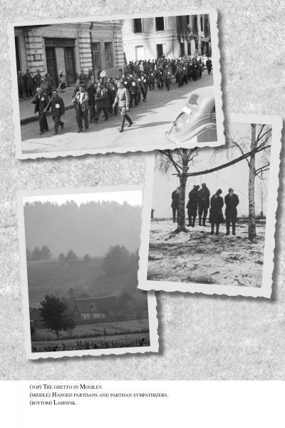 Three black-and-white historical photos from "The SS-Sonderkommando Dirlewanger: A Memoir" by Schiffer Publishing, Ltd.: a city street scene, people hanged from a tree (linked to Dirlewanger), and a rural landscape with fields and buildings.