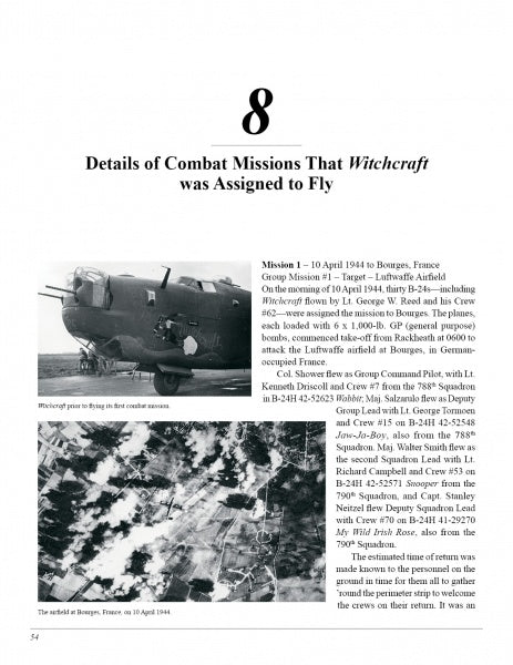 A page from Schiffer Publishing, Ltd.'s "The Famous B-24 Witchcraft" features the title “Details of Combat Missions That Witchcraft was Assigned to Fly,” a B-24 Liberator image, and WWII 8th Army Air Force mission descriptions.