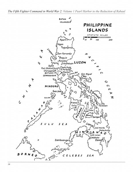 The 5th Fighter Command in World War II by Schiffer Publishing, Ltd. features a black and white map of the Philippine Islands with major cities, islands, WWII air combat sites, bodies of water, and a statute miles scale.
