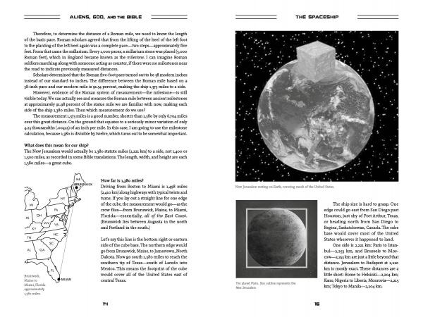 In "Aliens, God, and the Bible" by Schiffer Publishing, Ltd., two pages feature travel distance text with a U.S. East Coast map (left) and “The Spaceship”—Bible mysteries with images of a cube above Earth and a planet below (right).