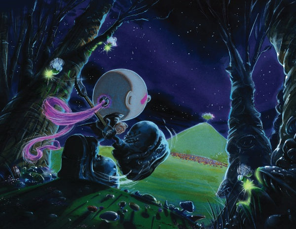 In "The Sweet Rot" by Schiffer Publishing, Ltd., a small figure with a round helmet and pink scarf stands among twisted trees beneath stars, gazing at a glowing hill amid colorful lights and fireflies in an underground art scene.