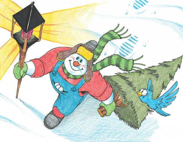 Bill the Snowman, from Schiffer Publishing, Ltd., wears blue overalls and a green-striped scarf as he carries a lantern and Christmas tree with a blue bird on top—a charming figure perfect for children's stories about responsibility and compassion.