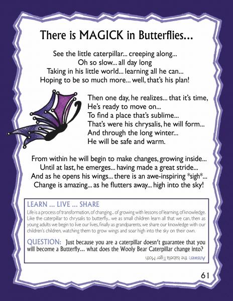 A whimsical page from "Everyday MAGICK for Children of Earth-Based Spiritual Families" by Schiffer Publishing, Ltd. features a poem on a caterpillar's transformation with a purple butterfly, plus reflection and questions—perfect for family magick activities.