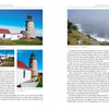 Two pages from "Lighthouses and Coastal Attractions of Northern New England" by Schiffer Publishing, Ltd. show text and color photos: a lighthouse with red-roofed buildings, a small boat scene, and a foggy cliffside ocean view—ideal for lighthouse enthusiasts.
