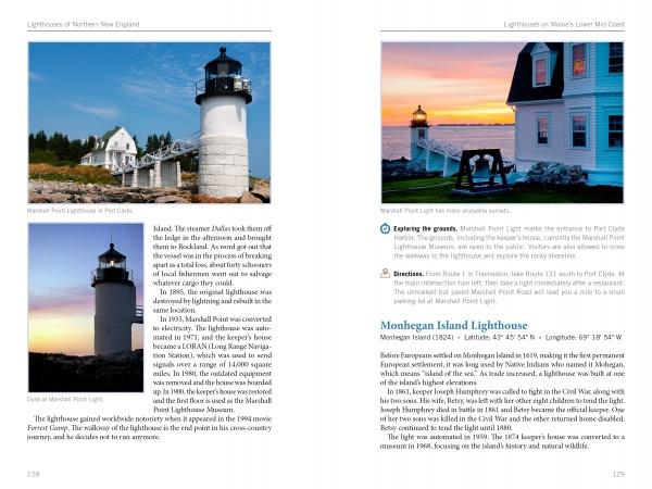 Two pages from "Lighthouses and Coastal Attractions of Northern New England" by Schiffer Publishing, Ltd. feature oceanfront lighthouse photos—one at sunset, one beside a white building—with captions and history for lighthouse enthusiasts.