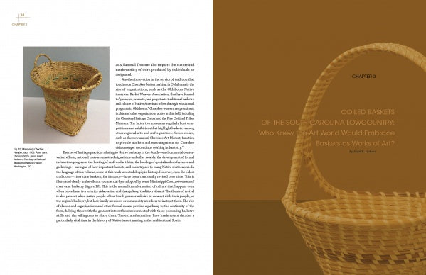 An open book, "Rooted, Revived, Reinvented" by Schiffer Publishing, Ltd., shows coiled basketry art. The left page has text and a basket image; the right features a close-up with a gold chapter title on a brown background.