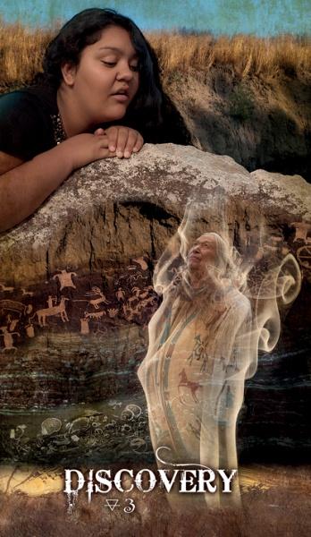 A woman leans over petroglyphs as a translucent figure in traditional attire rises, blending with the stone—symbolizing spiritual growth. “Discovery” and symbols are below. Transformation Oracle by Schiffer Publishing, Ltd.