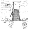 Line art of Hook Mill, a historic windmill in East Hampton with cows and a flag. Ideal for Schiffer Publishing’s Windmills Activity Book, perfect for kids' coloring and learning about windmills. Includes a history caption.