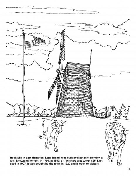 Line art of Hook Mill, a historic windmill in East Hampton with cows and a flag. Ideal for Schiffer Publishing’s Windmills Activity Book, perfect for kids' coloring and learning about windmills. Includes a history caption.