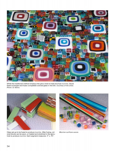 Glass Art From the Kiln by Schiffer Publishing, Ltd. showcases vibrant kiln-formed glass squares and rectangles—some in geometric patterns, others scattered—plus images of stacked glass pieces, rods, and cubes on a white background.