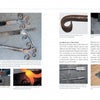 A two-page spread in The Book of Forging by Schiffer Publishing, Ltd. features diagrams, photos, and step-by-step guides on metalworking, with close-ups of forged iron scrolls, twists, patterns, and technical drawings.