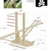 Diagram from "Basic Carpentry and Interior Design Projects for the Home and Garden" by Schiffer Publishing, Ltd. shows labeled wooden beams to build a backyard pirate ship—perfect for fun DIY home projects. Pirate flag with skull included in the illustration.