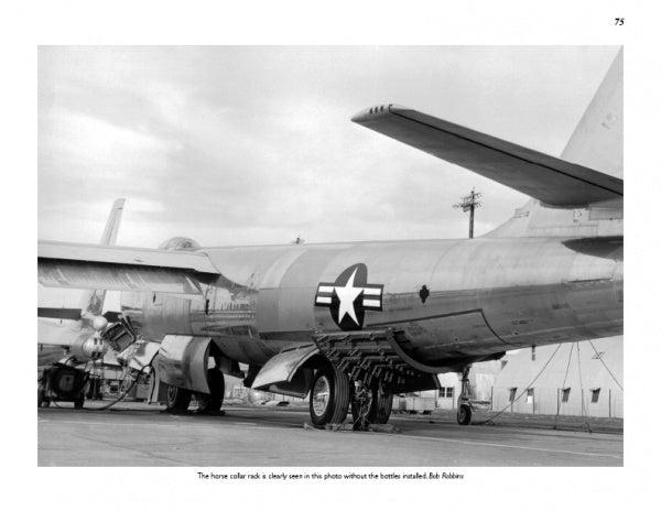 A black-and-white photo from Schiffer Publishing, Ltd. shows the Boeing B-47 Stratojet on the tarmac, side and rear view, with equipment and personnel by its midsection and Strategic Air Command insignia on its tail.