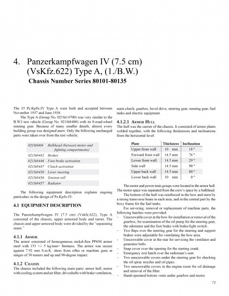 A technical page in The Spielberger German Armor and Military Vehicle Series by Schiffer Publishing, Ltd. covers the Panzerkampfwagen IV with specifications, chassis numbers, equipment, and armor details in a tabular format using clear headings and bullet points.